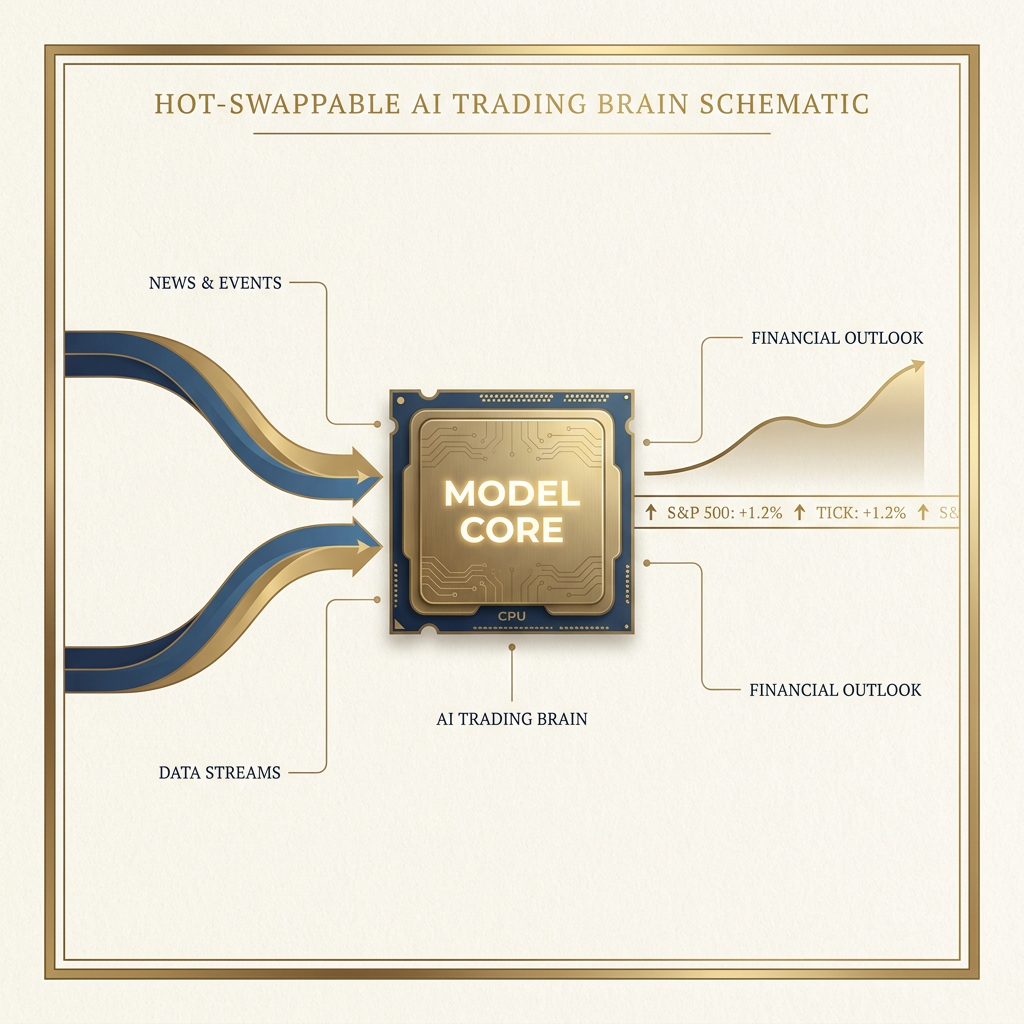 Schematic of the Modular AI Trading Brain showing events and data streams flowing into a modular CPU core.