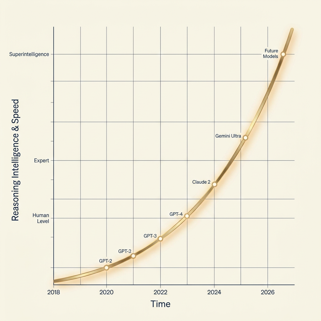 Graph showing the exponential rise of AI model reasoning capabilities and speed over time, from GPT-2 to future models.